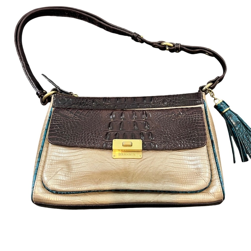 Brahmin Shoulder Bag Womens Medium Brown Teal Croco Embossed Leather Tassel